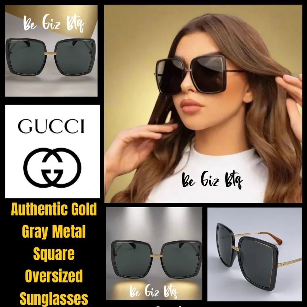 GUCCI Authentic Gold Gray Metal Square Oversized Sunglasses GG0903S 001 60MM NWT